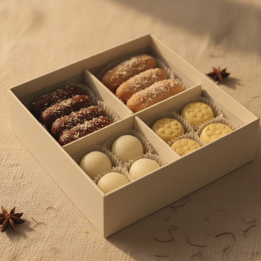 An open gift box of assorted Bengali sweets in paper cups