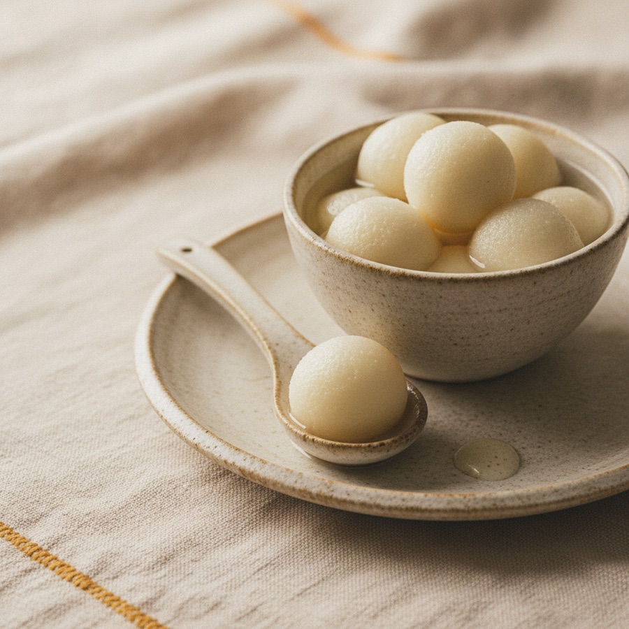 Soft white rasgulla in syrup, one on a spoon