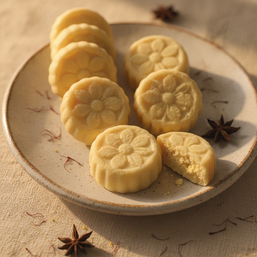 Pale sandesh sweets with molded floral patterns, one broken to show the soft crumb