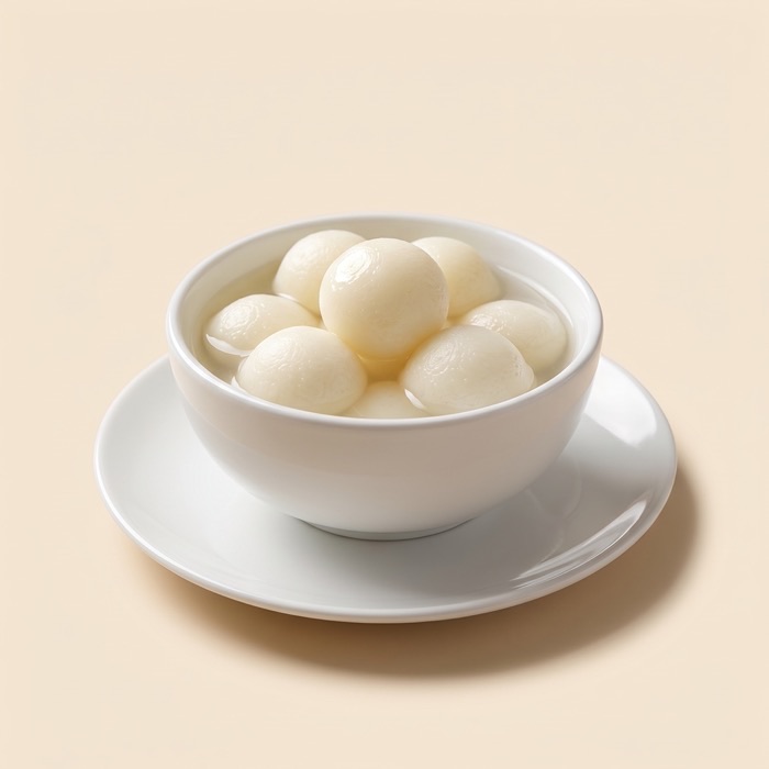 A bowl of white rasgulla in syrup