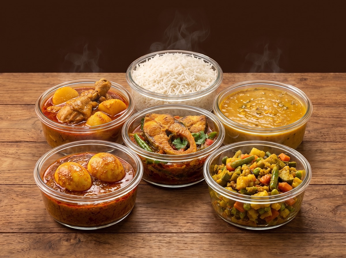 A Bengali weekly meal box — rice, chicken curry, rui fish, daal, egg bhuna and bhaji in containers