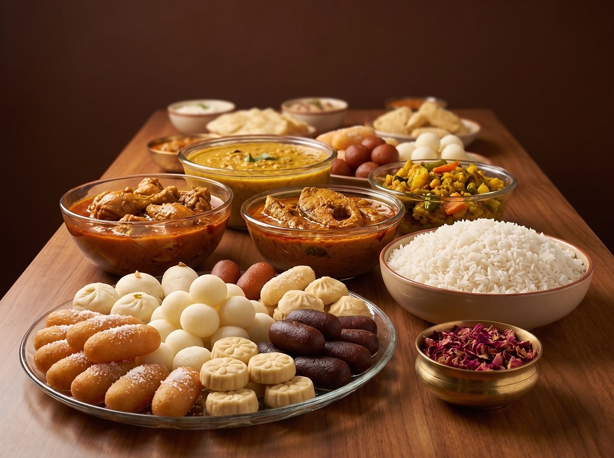 A catering spread — bowls of rice, curry, daal and bhaji with a platter of assorted Bengali sweets