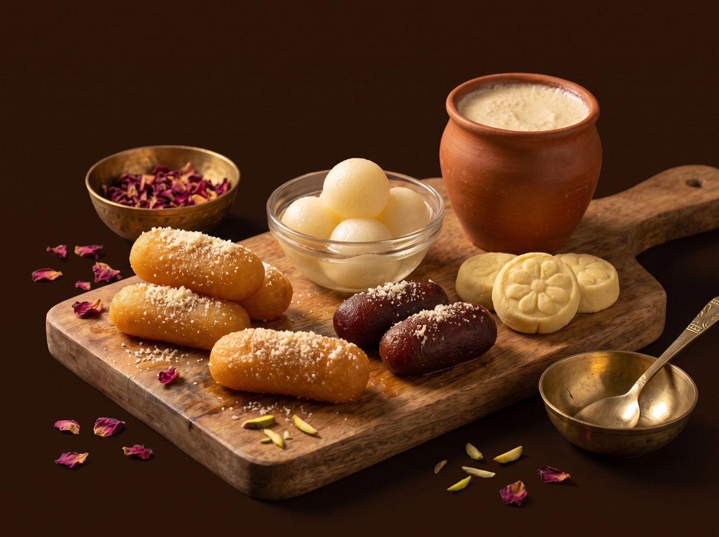 A wooden board of Bengali sweets — rasgulla, chomchom, kalojam, sandesh and a pot of mishti doi
