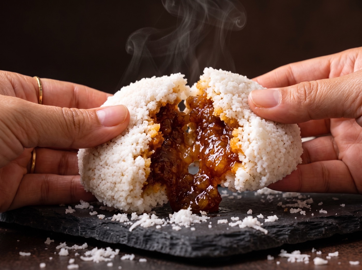 Steamed vapa pitha broken open to show the molten filling