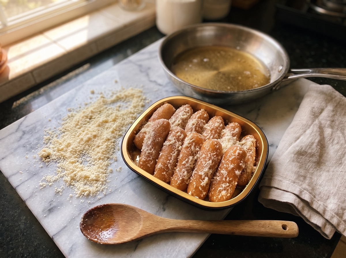 A home kitchen counter with a tray of freshly shaped sweets and a pan of syrup